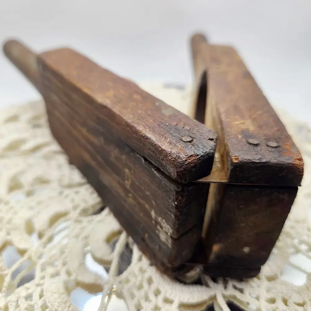 Antique Primitive Wooden Lemon Squeezer Metal Hinge Nails